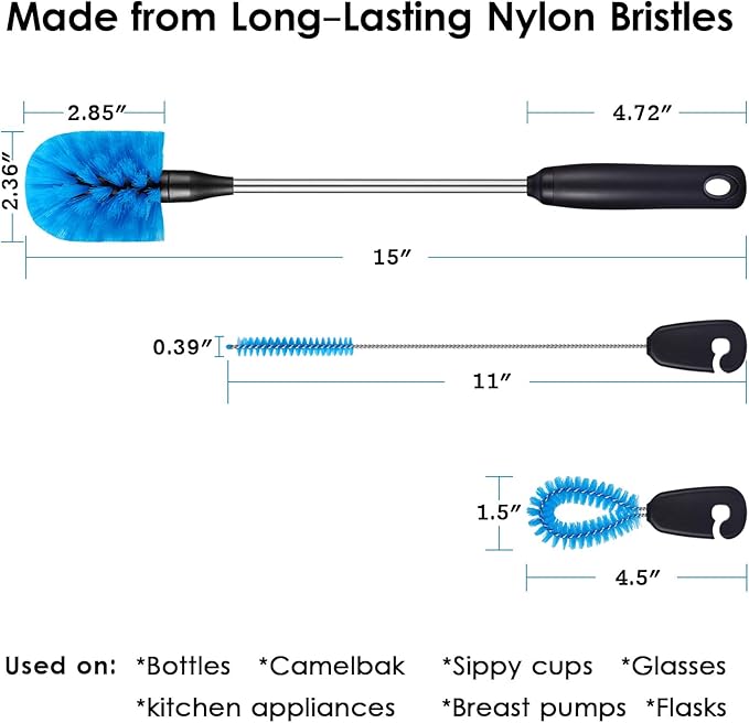 MOSOLAN 3-in-1 Stainless Steel Bottle Brush and Straw Cleaning Set, Long Handle - Image 4