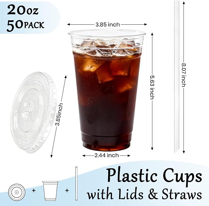 20oz Clear Plastic Cups with Lids and Straws, Disposable Iced Coffee Cups - Image 2