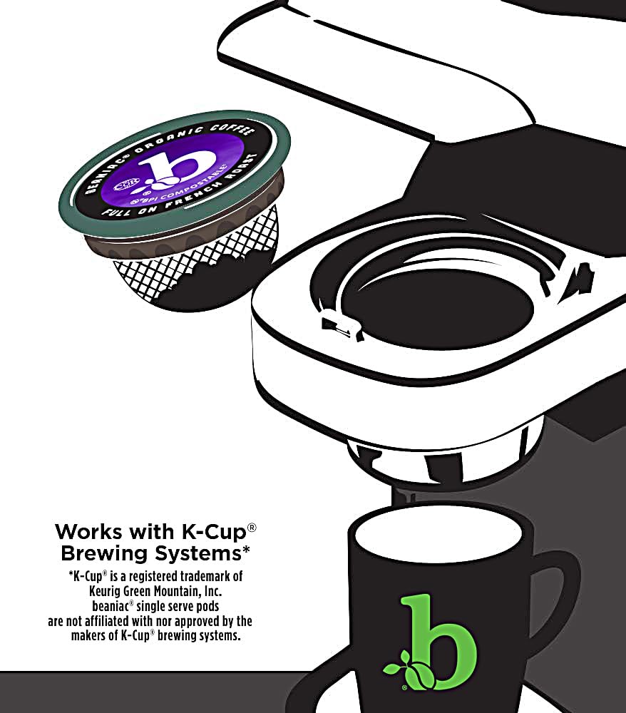 beaniac Organic Full On French Roast, Dark Roast, Single Serve Compostable K Cup Coffee Pods, Organic Arabica Coffee, Keurig Brewer Compatible, 30 Count