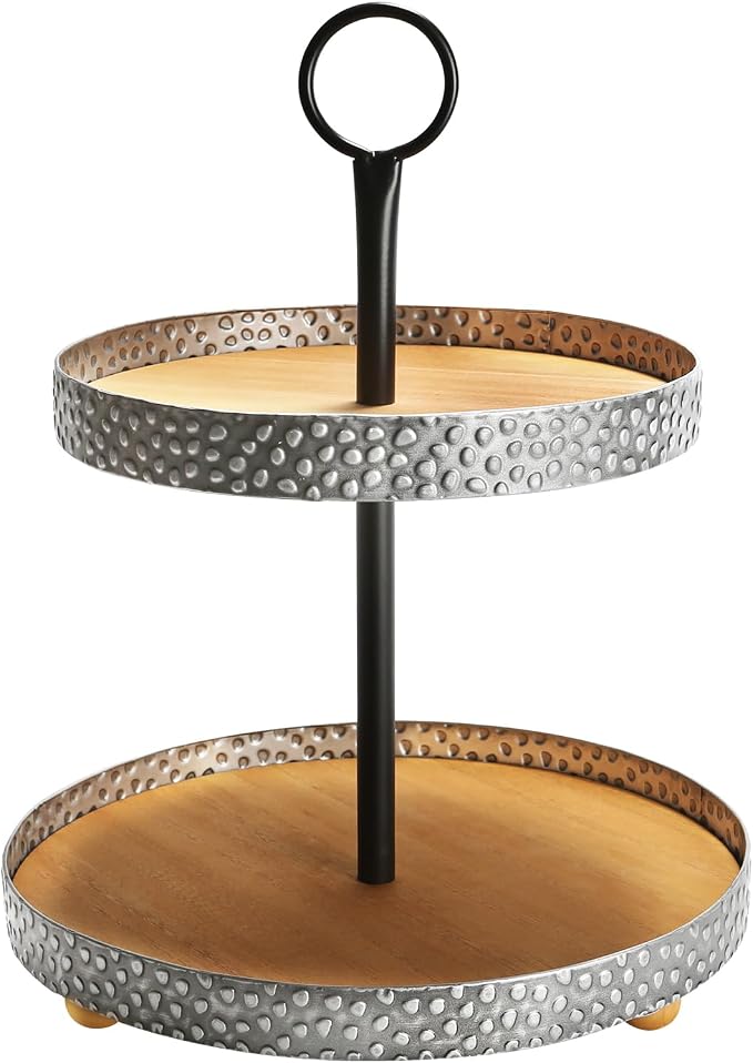 Wooden Two Tiered Tray Stand, Farmhouse Round 2 Tier Decorative Tray by SYNCVIBE