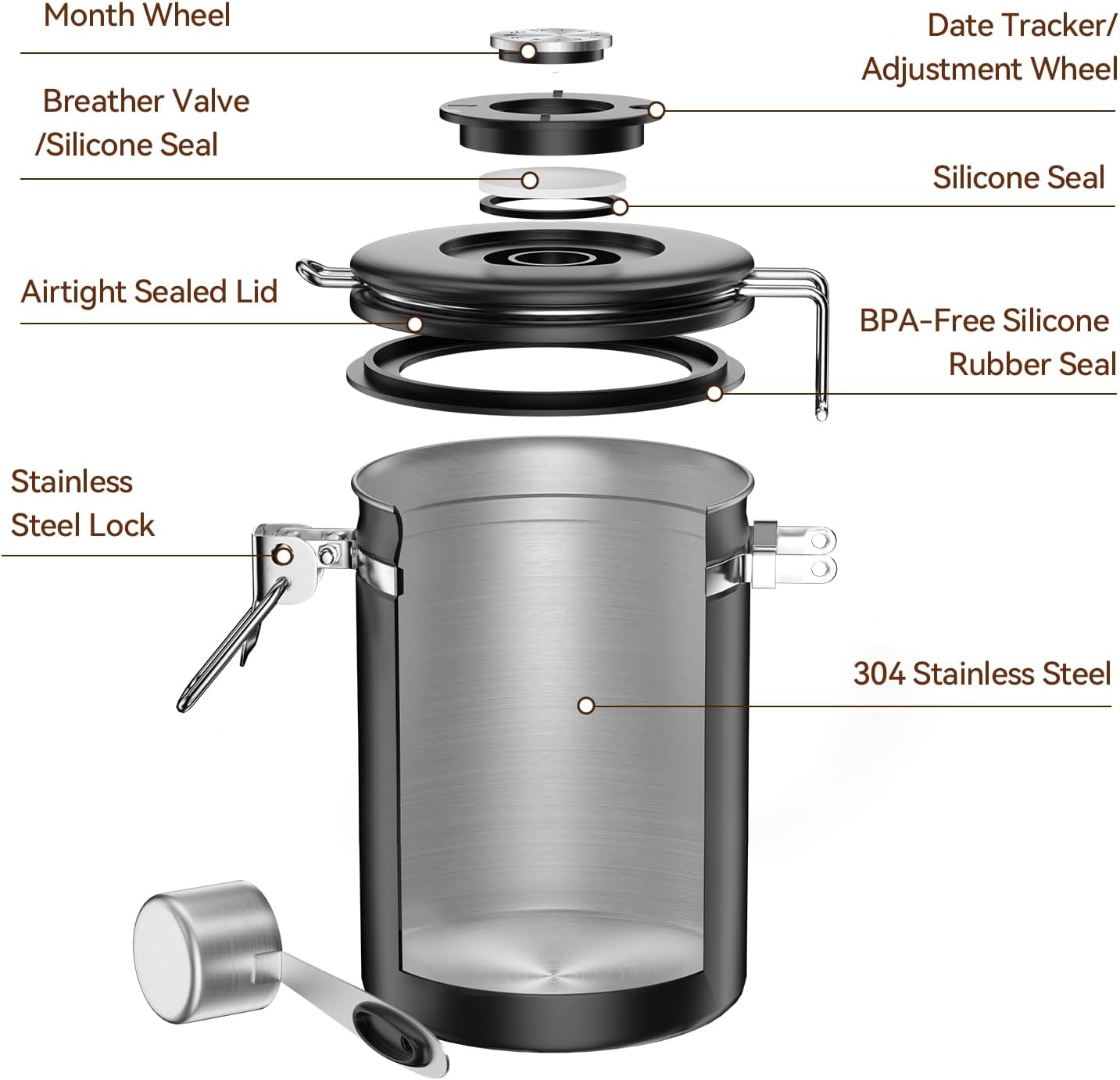 Coffee Canister, Stainless Steel Coffee Bean Storage Container with Date Tracker and Scoop, Kitchen Food Container for Grounds Coffee, Beans, Tea, Flour, Cereal, Sugar, 22OZ (1800ML | Black)