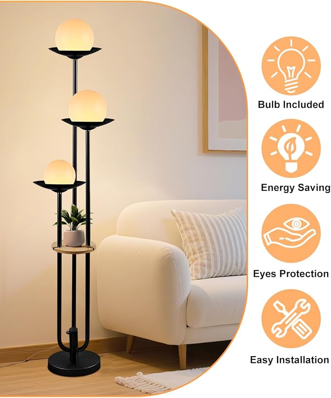 Lightdot Globe Floor Lamp with Shelf 3-Lights Modern Dimmable Floor Lamps 3000K - Image 4