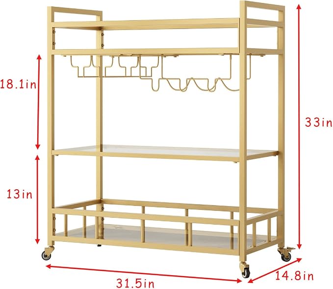 Bar Cart Gold with Bottle Storage and Wine Glass, Rolling Serving Bar Cart on - Image 4