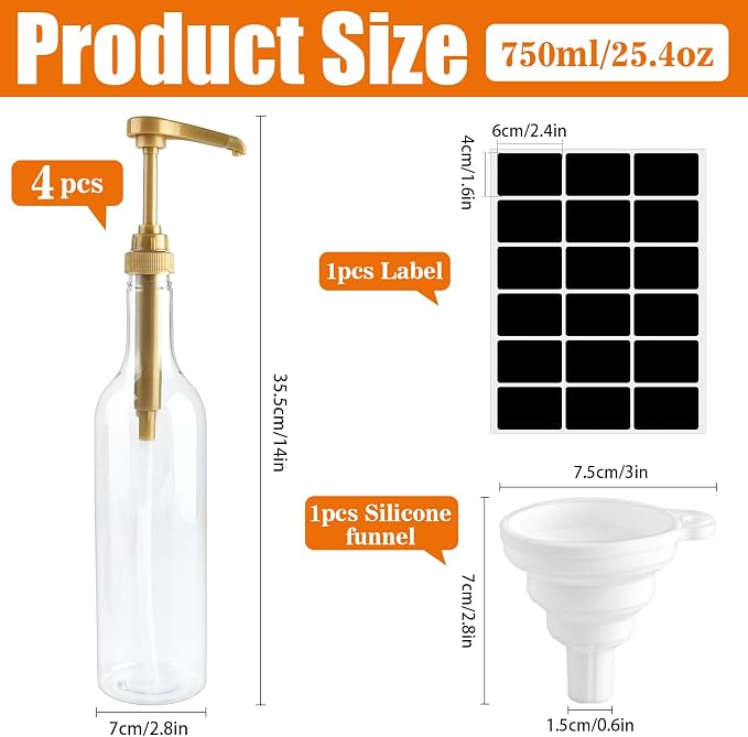 4 Pack Syrup Dispenser for Coffee Bar, 25.4 oz/750 ml Clear Syrup Dispenser - Image 2
