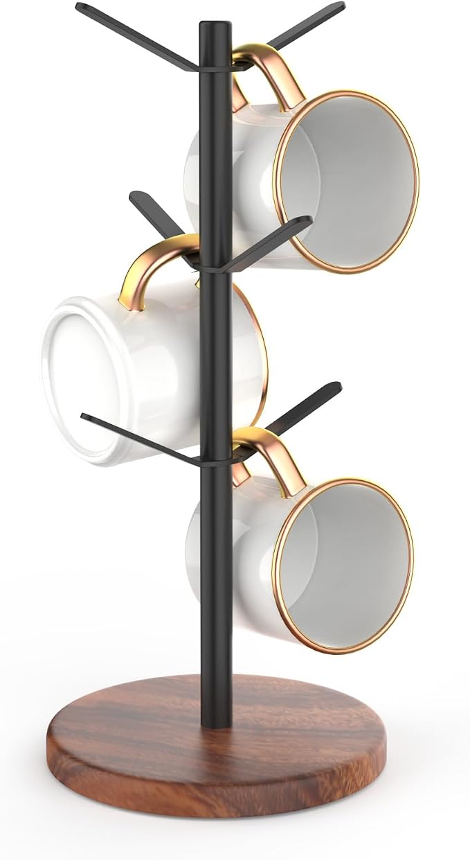 Coffee Mug Tree Holder Countertop, Non-Slip Walnut Wood Mug Rack by Aomomery