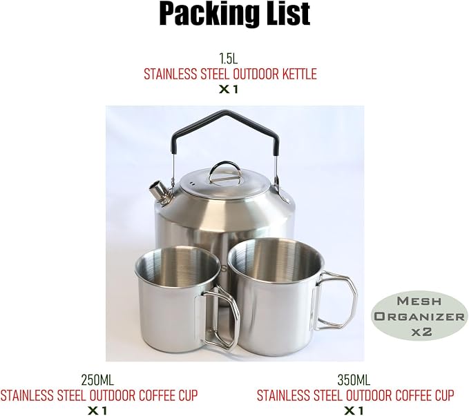 Camping Kettle & 2 Cups, Stainless Steel Camp Kettle – Lightweight Tea Pot - Image 2