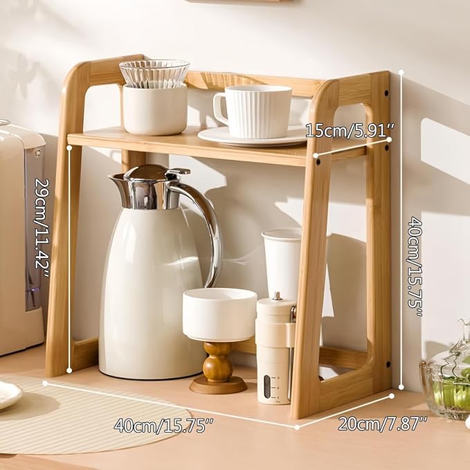 Natural Bamboo Coffee Station Organizer, 2-Tier Wooden Kitchen Counter Shelf - Image 3