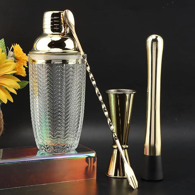 Gold Cocktail Shaker Set with Measuring Jigger, Mixing Spoon & Muddler – Home - Image 5