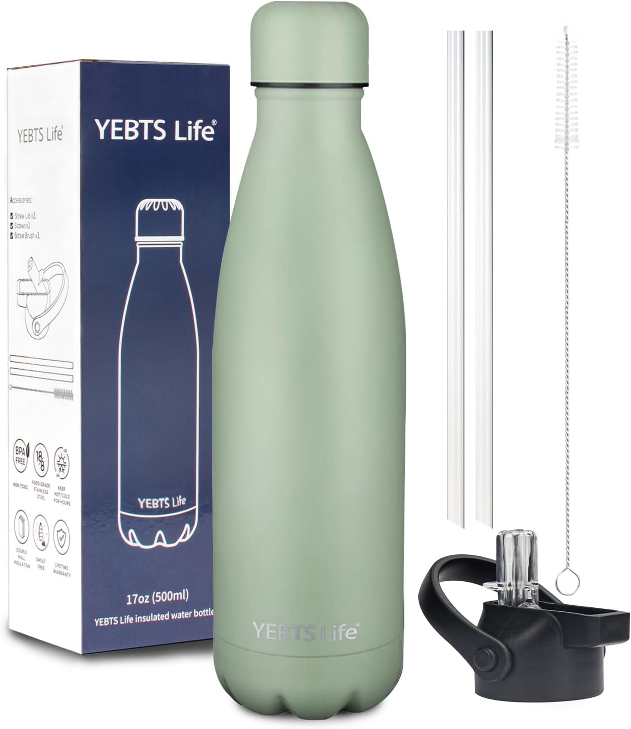 Insulated Water Bottle, 17oz Stainless Steel Water Bottles with straw lid, Metal Sports Water Bottles for Boys,Girls, Double Wall Vacuum BPA-Free Flask for School, Sports (Matcha Green)