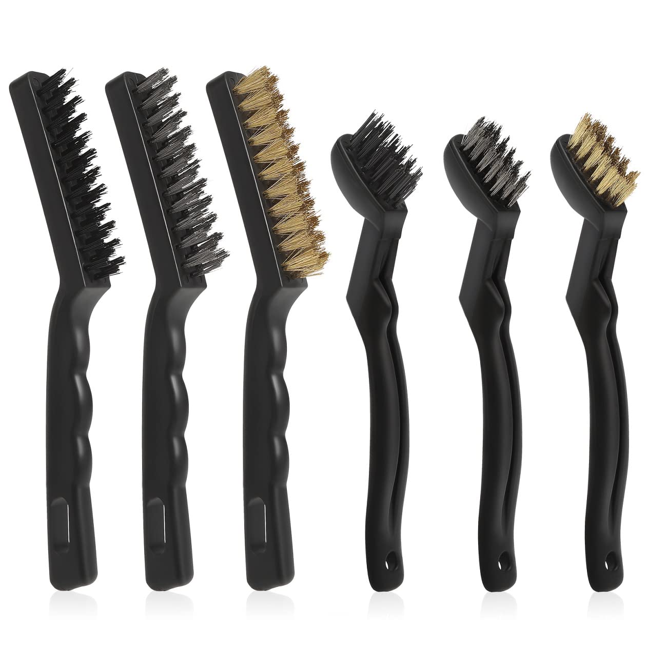Wire Brushes Pack of 6. for Cleaning Welding Slag, Rust and Dust. 9" and 6-3/4" Brass, Nylon, Stainless Steel Brushes with Rigid Handle