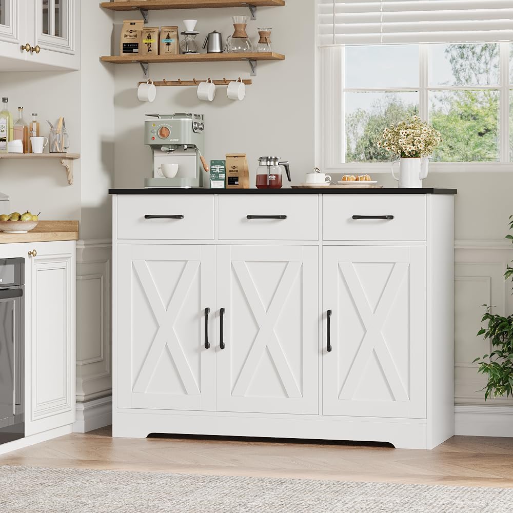 HOSTACK Modern Farmhouse Buffet Sideboard Cabinet, Barn Doors Storage Cabinet with Drawers and Shelves, Wood Coffee Bar with Storage for Dining Room, Kitchen, Living Room, White/Black