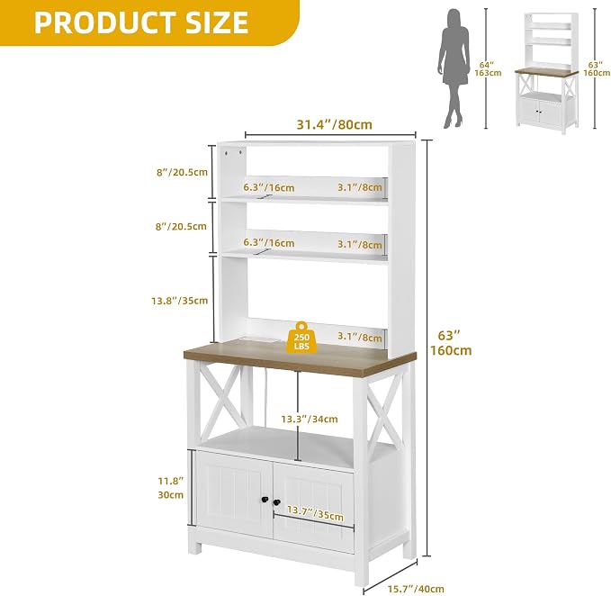 DWVO White Baker Rack with Power Outlet and Storage, Farmhouse Microwave Stand - Image 2