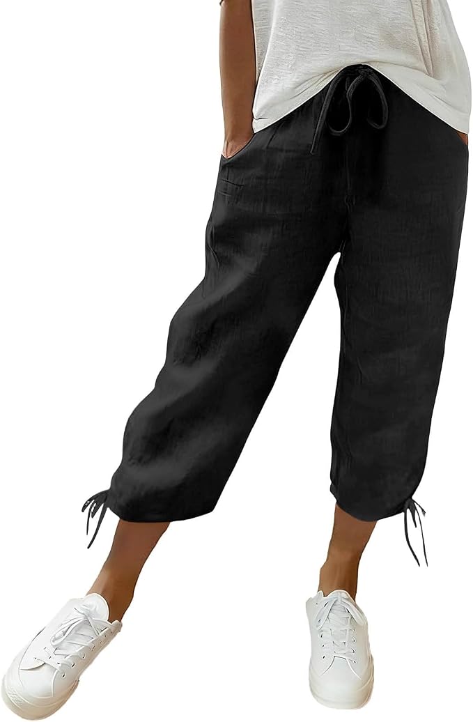 Linen Capri Pants for Women Drawstring Elastic Wide Leg Trouser 2026 Summer by Unknown