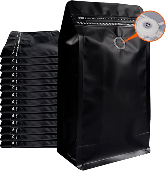 Coffee Bags with Valve Black High Barrier Aluminum Foil Flat Bottom Standing by Funnyleaf