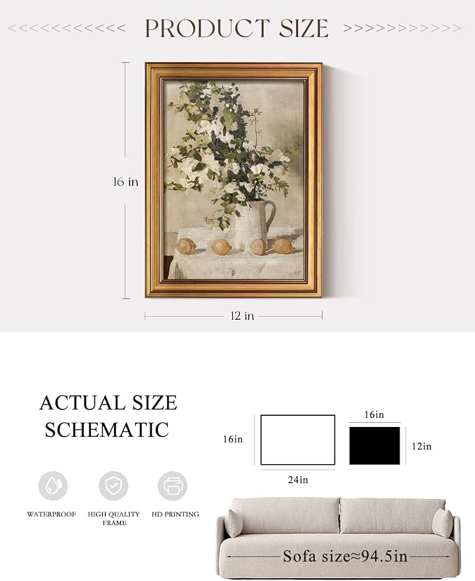 ARPEOTCY Gold Framed Canvas Art Prints, Vintage Lemons and Floral Art Painting - Image 3