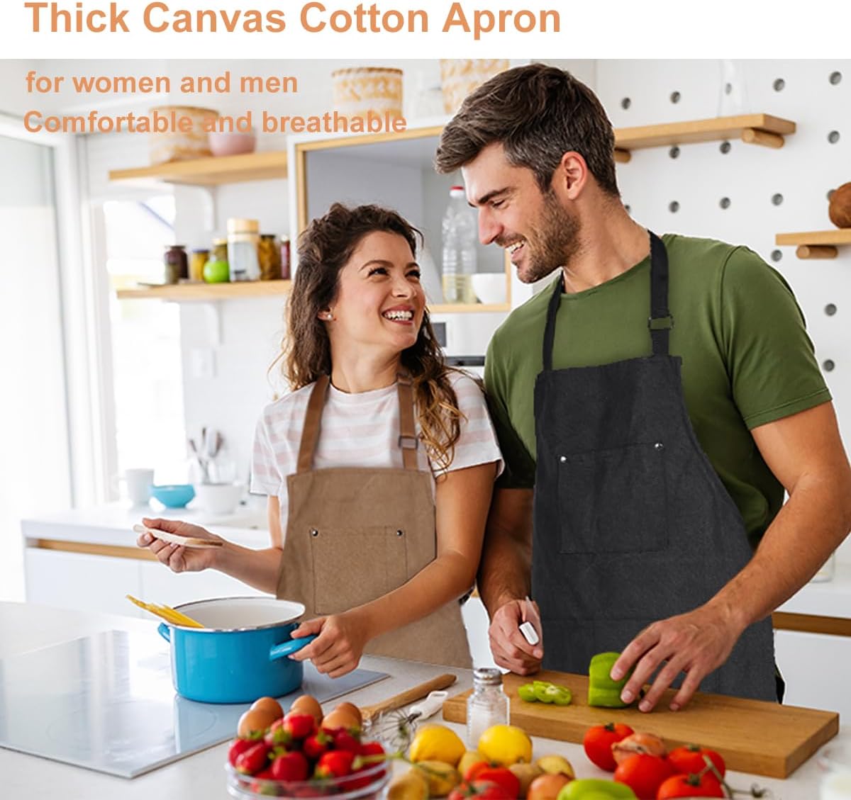Chef Cooking Aprons for Men Women Thickened Canvas Cotton Apron with 4 Pockets for BBQ Work Kitchen (Black)