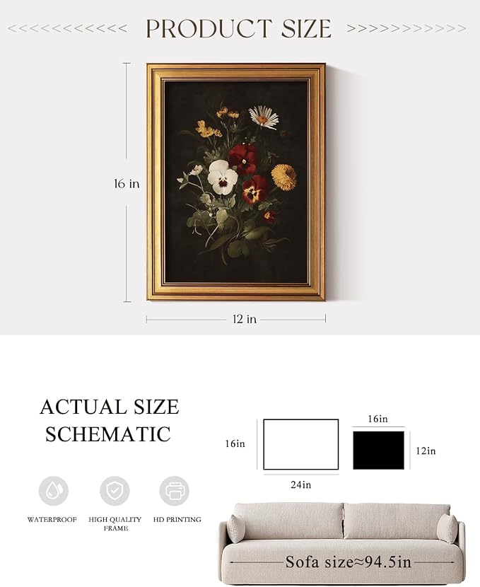 ARPEOTCY Gold Framed Canvas Wall Art, Dried Pressed Flower Wall Decor, - Image 4