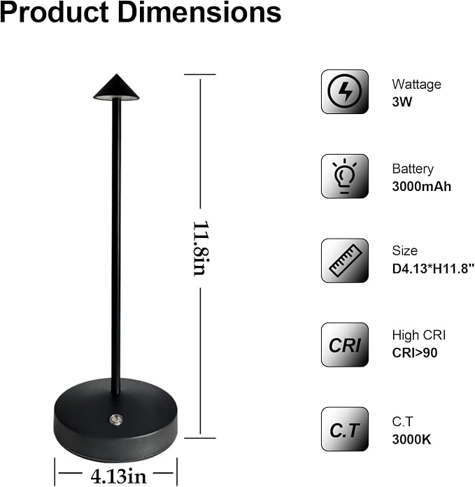 Rechargeable Cordless Table Lamp, Modern Black Battery Operated Table lamp - Image 8