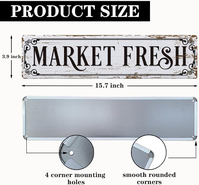 Farmhouse Decor, Market Fresh Sign, 15.8x4 inches, Retro Metal Tin Signs - Image 2
