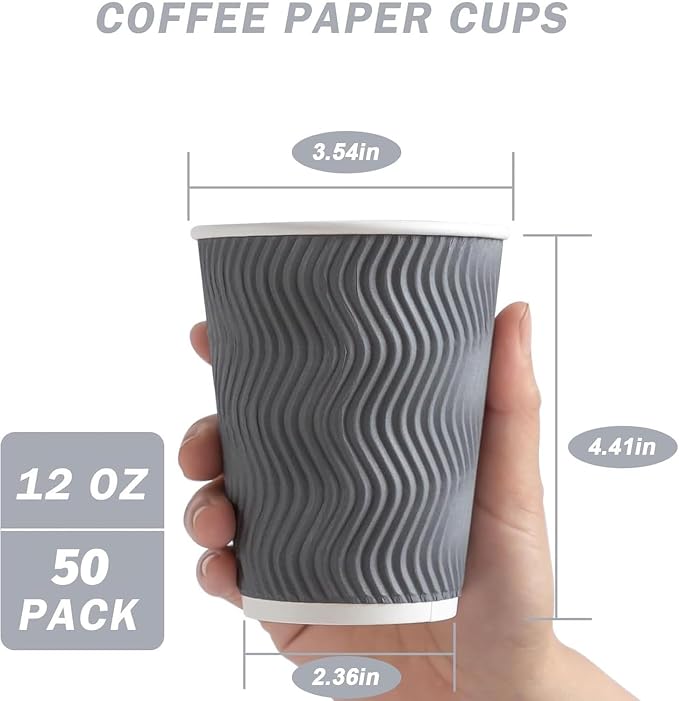 Clawsoff Coffee Cups 12 oz 50 Pack, Corrugated Insulated Ripple Wall Disposable - Image 2