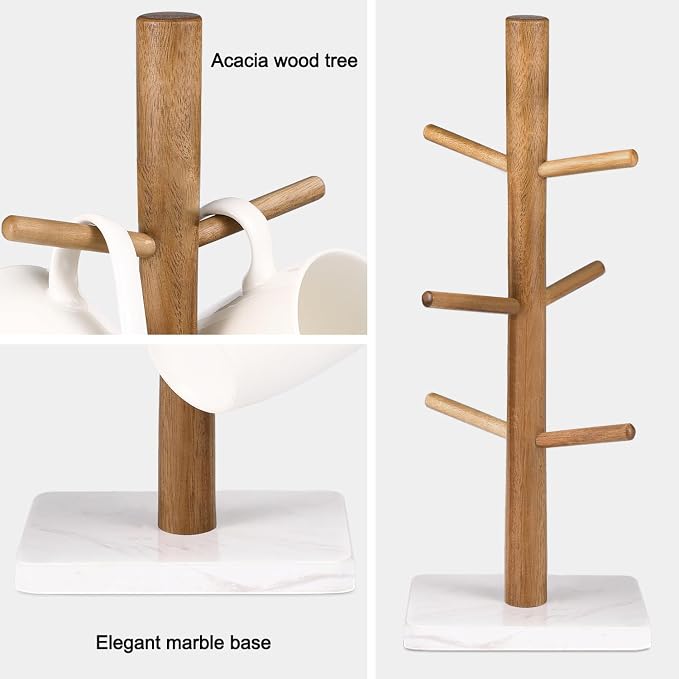 Buruis Wood Mug Holder, Marble Base Cup Rack Tree, Cup Stand Hanger, Kitchen - Image 3