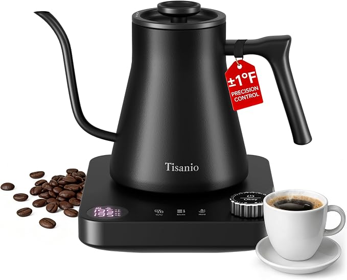 Gooseneck Electric Kettle for Pour Over Coffee, ±1°F Precision Control by Tisanio