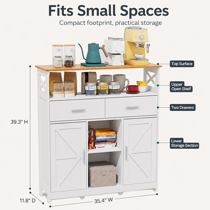 Coffee Bar Cabinet with Storage, 35.4" Kitchen Storage Cabinet with 2 Drawers - Image 2