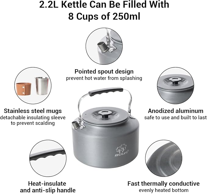 Bulin Camping Kettle, 2.2L Large Portable Stovetop Tea Kettle Fast Heating - Image 3