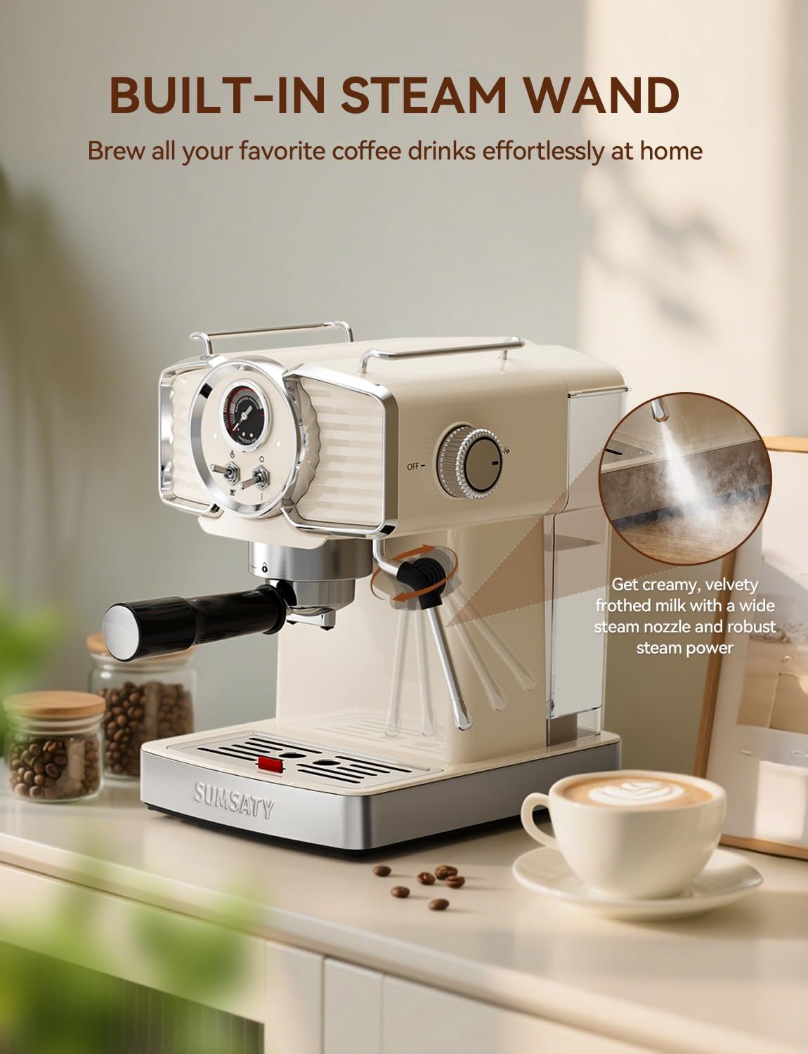 Espresso Machine 20 Bar, Professional Espresso Maker with Milk Frother Steamer Wand, Espresso Coffee Machine Off-white, Cappuccino & Latte Machine for Home, Retro, 1.8L Removable Water Tank