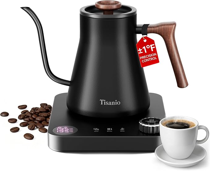 Gooseneck Electric Kettle for Pour Over Coffee, ±1°F Precision Control by Tisanio