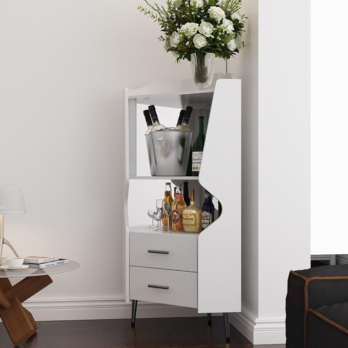 Corner Bar Cabinet with Mirrored Back, Sideboard Cabinet with 2 Open Shelves & - Image 5