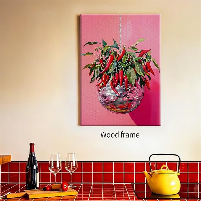 Wrapped Framed Disco Ball With Red Chili Pepper Wall Art 24x36 inch Funky - Image 4