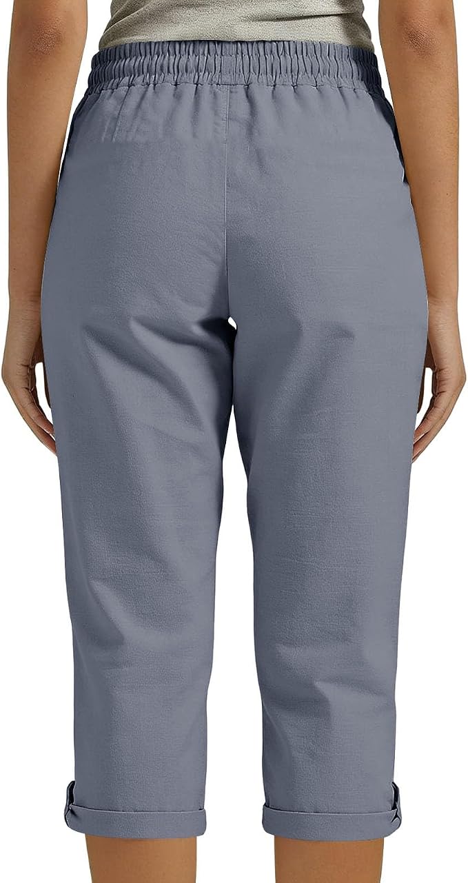 Drawstring Capri Linen Pants Women Elastic Waist Straight Leg Pant Summer Beach - Image 2