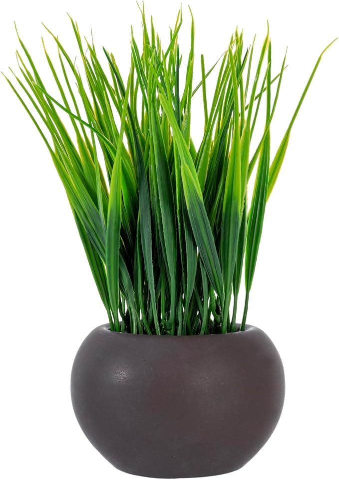 MyGift 7 Inch Tall Modern Mini Artificial Grass Plants in Small Round Brown - Image 6