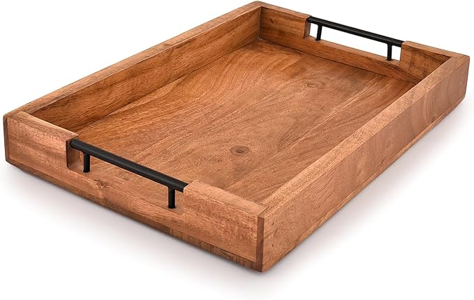 Tray with Metal Handles Acacia Wood Serving Tray Decorative Ottoman Coffee by Unknown