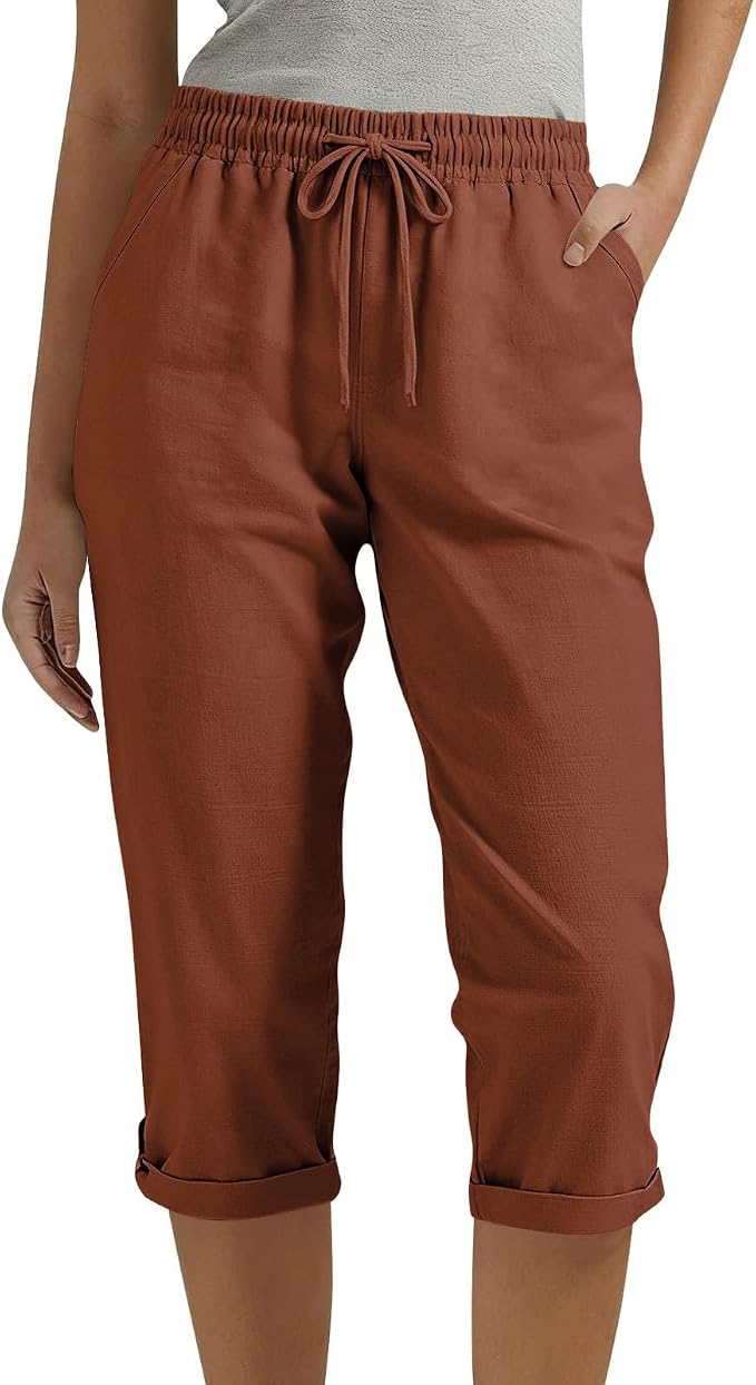 Drawstring Capri Linen Pants Women Elastic Waist Straight Leg Pant Summer Beach by Unknown