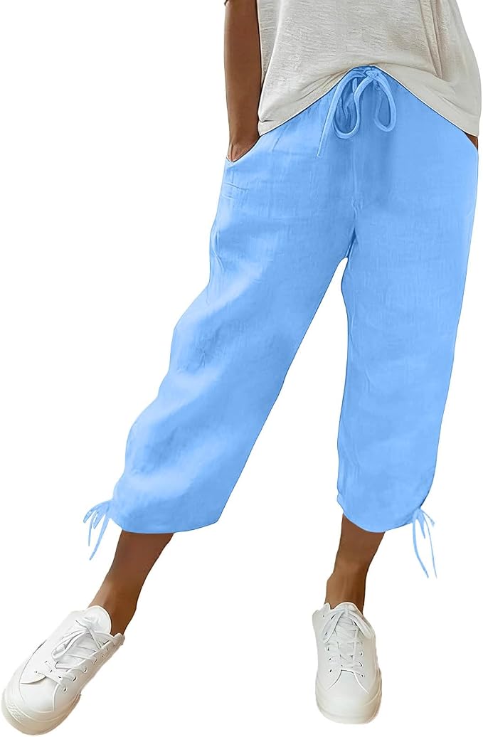 Linen Capri Pants for Women Drawstring Elastic Wide Leg Trouser 2026 Summer by Unknown