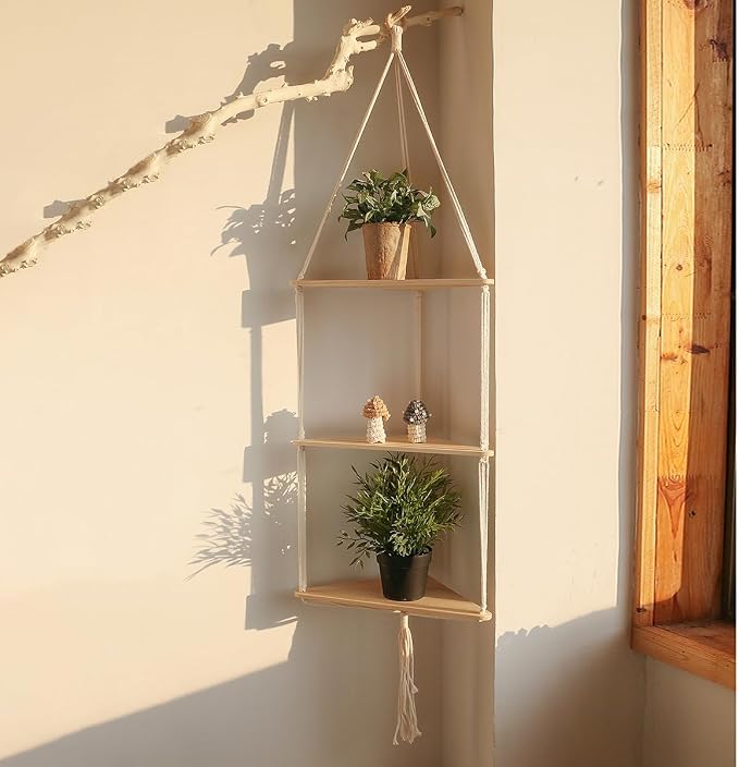 Artilady White Corner Floating Shelves Wall Hanging- Macrame 3 Tier Corner by Artilady