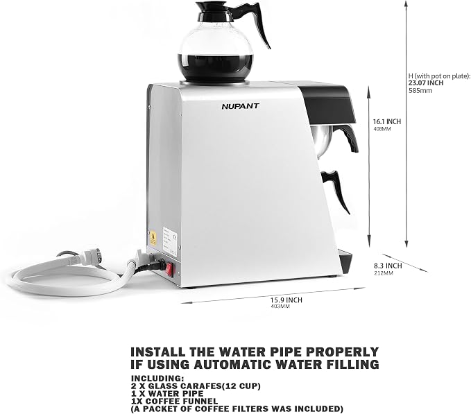 NUPANT 12-Cup Commercial Drip Coffee Maker 1.8L Auto Filling Pour Over Coffee - Image 5