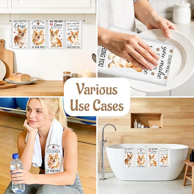 WADORN 4 Styles Funny Corgi Kitchen Towels Set - Image 4