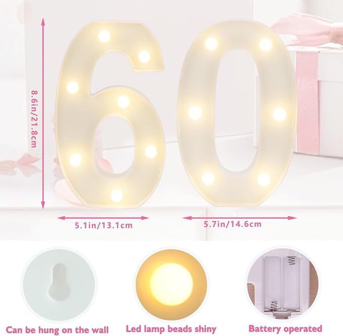 LED 60 Marquee Number Light Up Letter, Happy 60th Birthday Decorations - Image 2