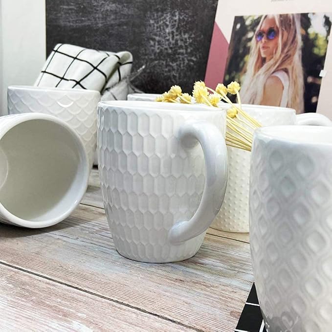 Schliersee 12 OZ White Ceramic Coffee Mugs Set of 6, Stylish Embossed Coffee - Image 5
