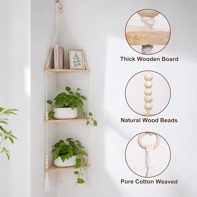 Artilady Macrame Corner Shelf Wall Hanging 3-Tier, Adjustable Boho Wood Plant - Image 6