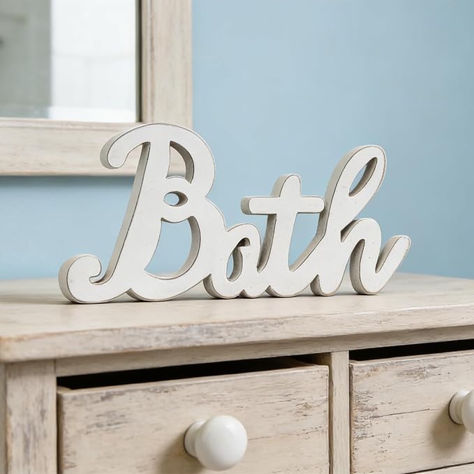 Rustic Bath Signs for Bathroom 14 inches, Hanging Distressed White Bathroom - Image 4