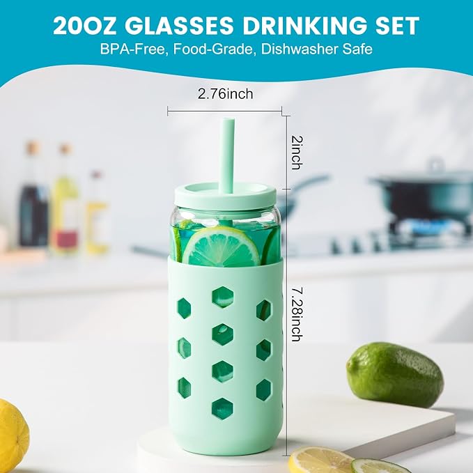 Mrsdry Glass Cups with Lids and Straws, 20oz Drinking Glasses Set with Silicone - Image 6