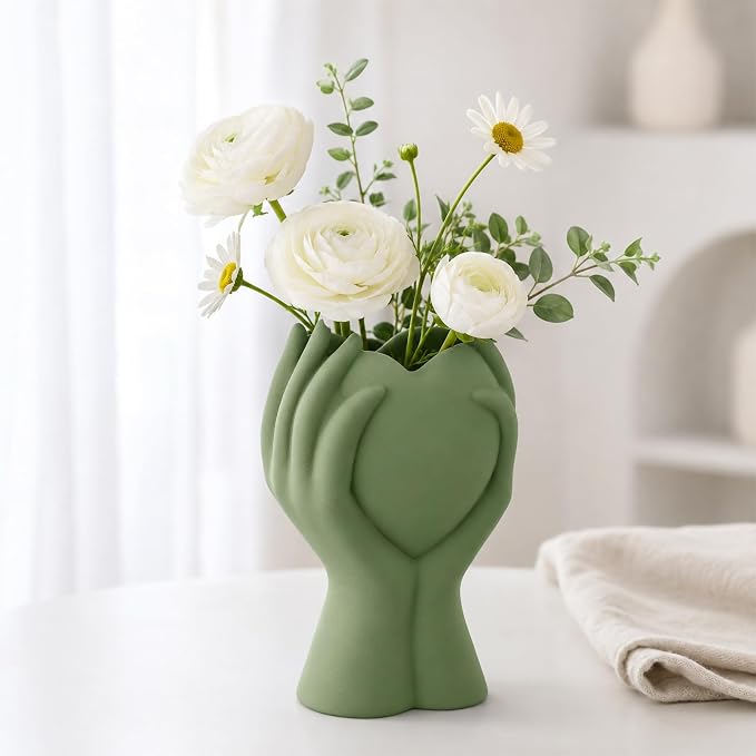 8 Inch Heart Hand Green Ceramic Vase by Unknown