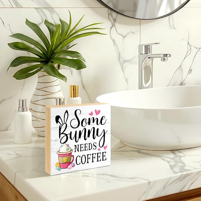 Some Bunny Needs Coffee Easter Wood Block Plaque Box Sign - Image 6