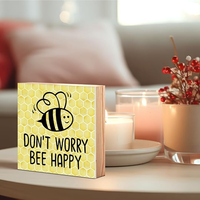 Don't Worry Bee Happy Wooden Box Sign, Inspirational Honey Bee Decor - Image 3