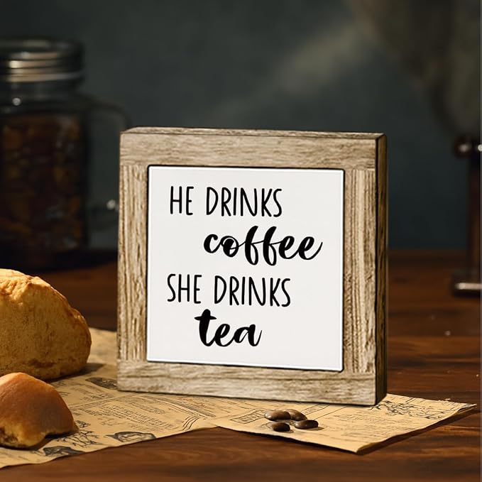 He Drinks Coffee She Drinks Tea Wooden Box Sign, Coffee Bar Sign, Rustic Home - Image 4