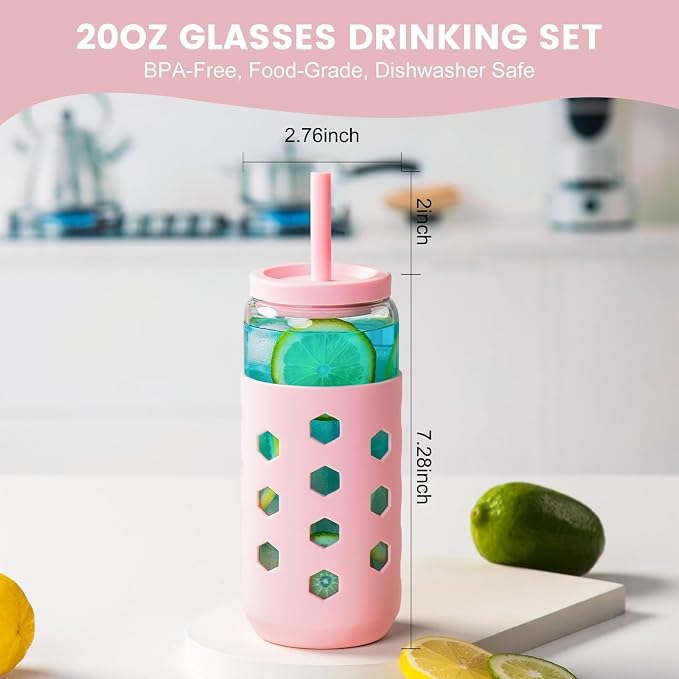 Mrsdry 20 oz Glass Cups With Lids and Straws, Cute Drinking Glasses Set - Image 5